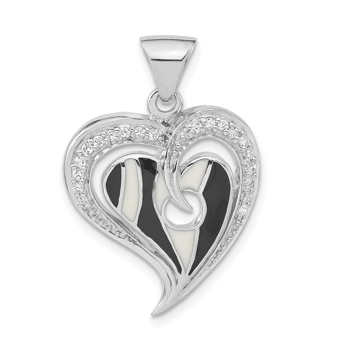 Curata 925 Sterling Silver 18" Polished Heart Black and White Enamel Cubic Zirconia Pendant Necklace - 30.25x20.9mm sold by Zulily