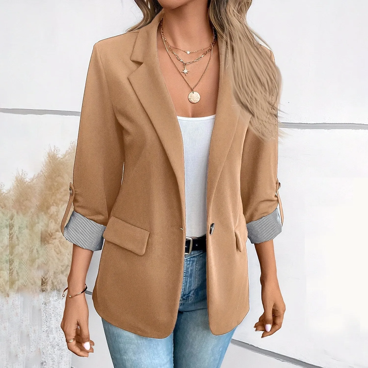 Khaki Lapel Collar Blazer sold by Zulily product image thumbnail 3