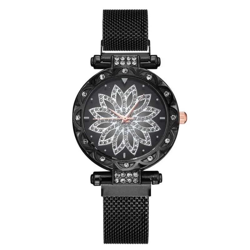 Black Crystal Flower Mesh Bracelet Watch sold by Zulily
