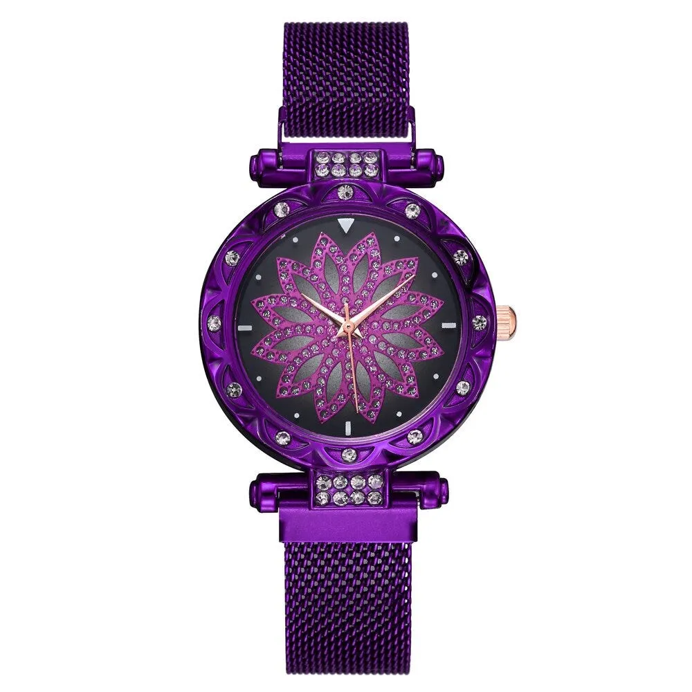 Purple Crystal Flower Mesh Bracelet Watch sold by Zulily
