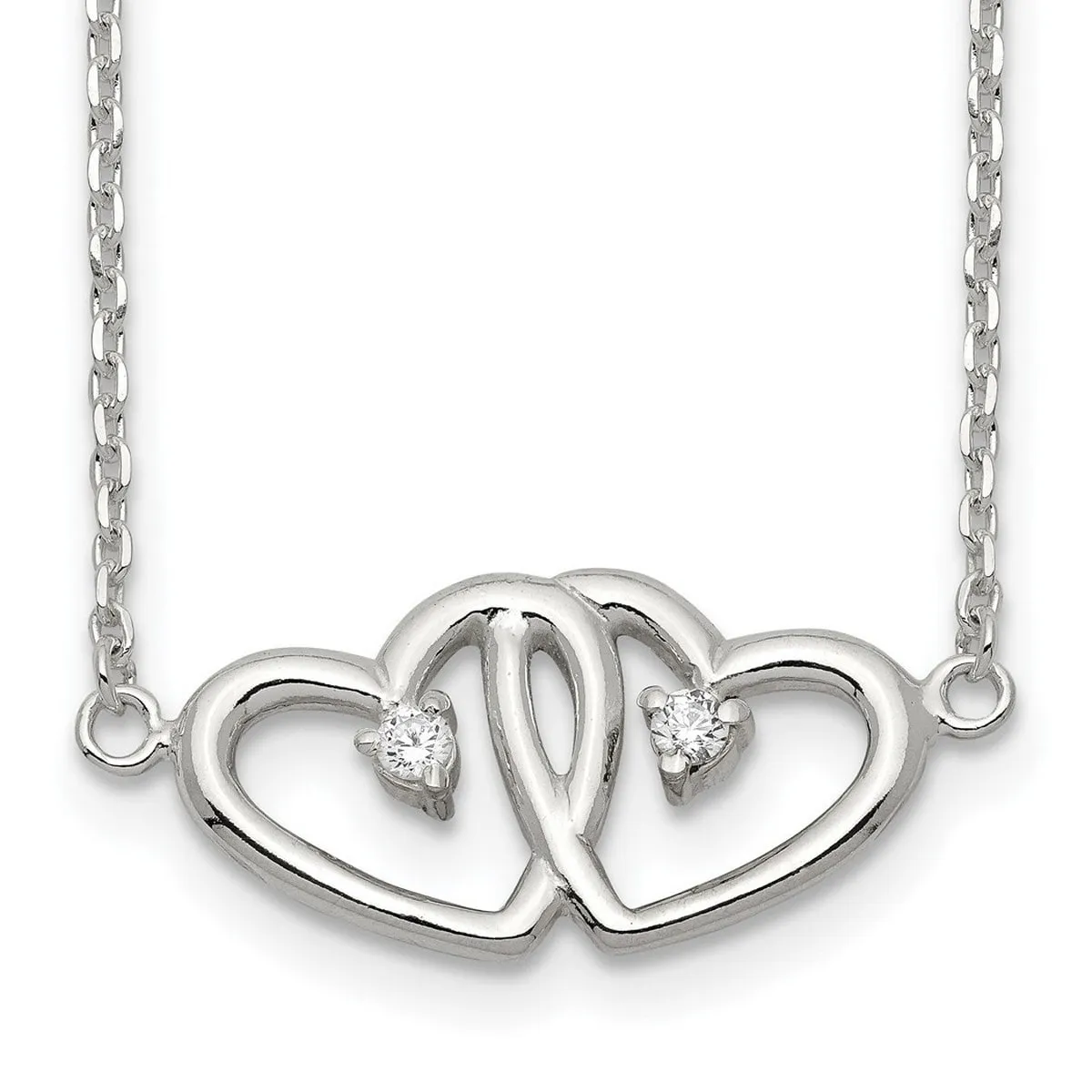 Curata 925 Sterling Silver 18" Spring Ring Polished Two Hearts Cubic Zirconia Necklace - 18" sold by Zulily