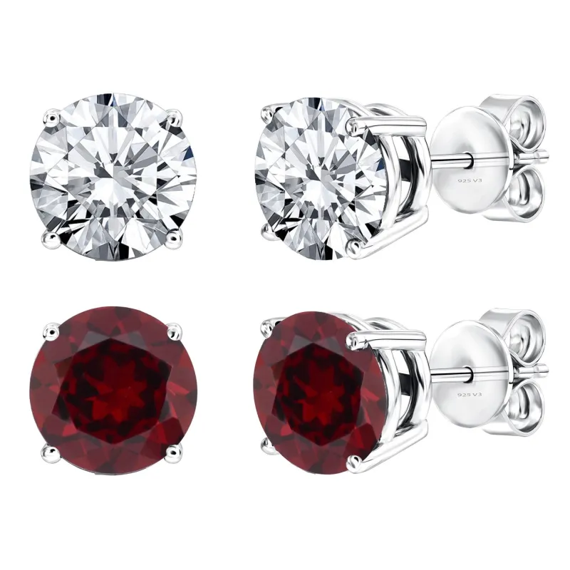 Sterling Silver Set of Two Natural Garnet and White Topaz Stud Earrings sold by Zulily