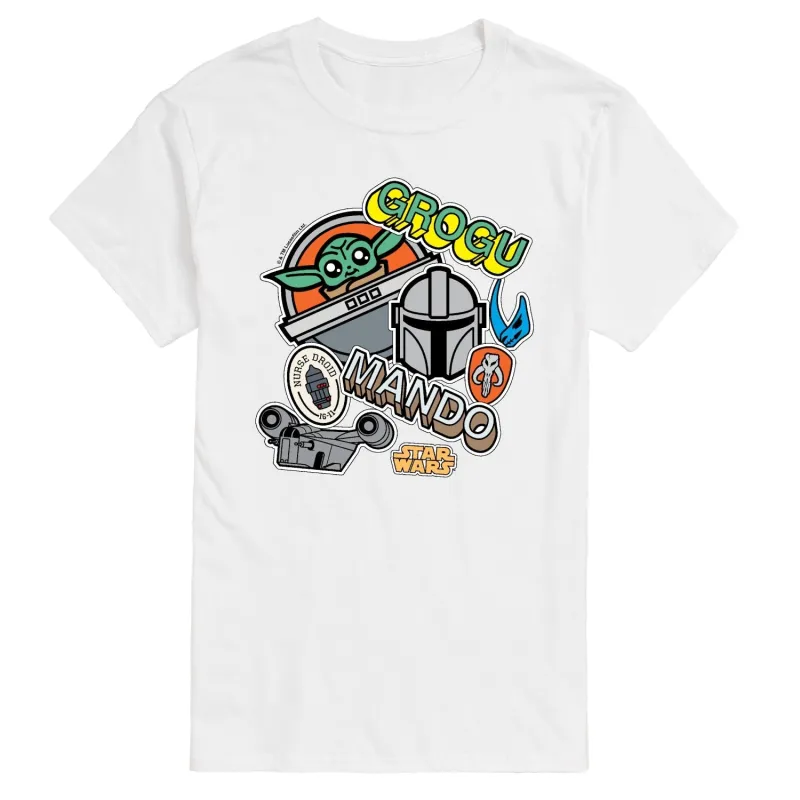 Men's The Mandalorian Mando Grogu Stickers Short Sleeve Tee sold by Zulily