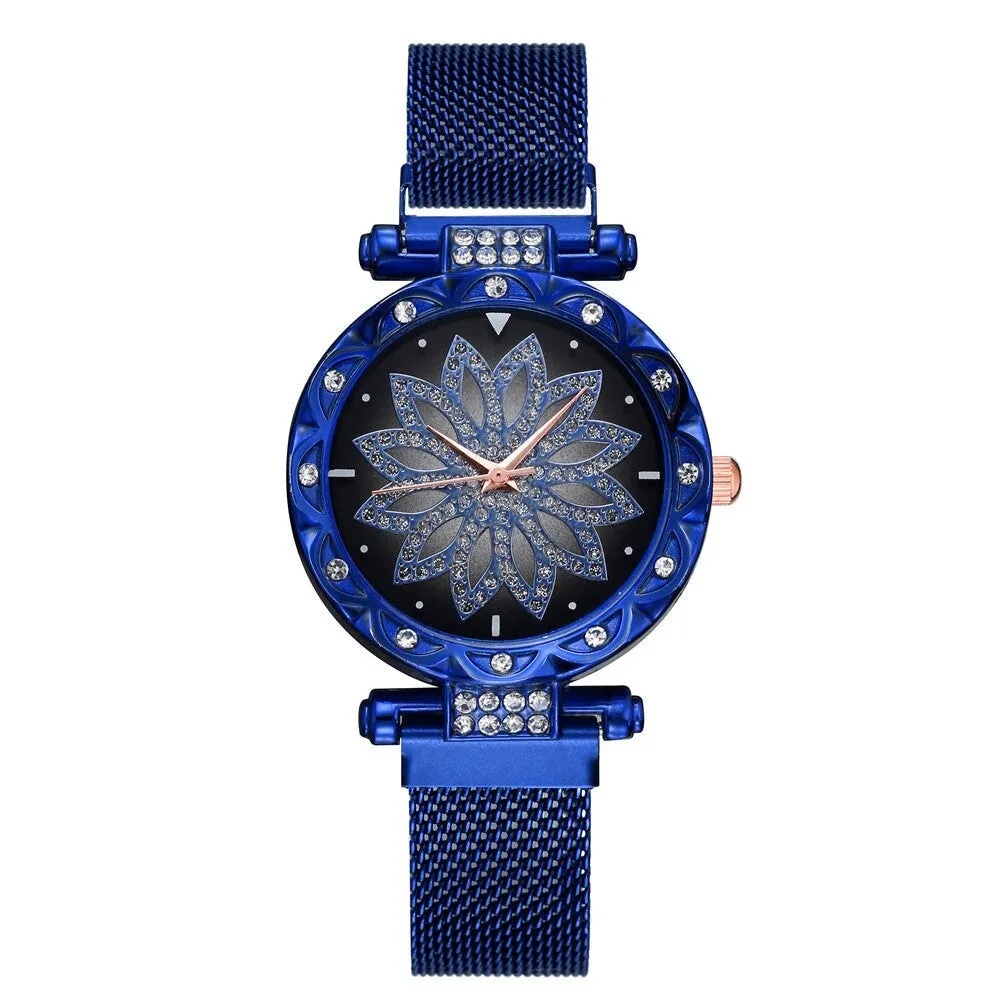 Blue Crystal Flower Mesh Bracelet Watch sold by Zulily