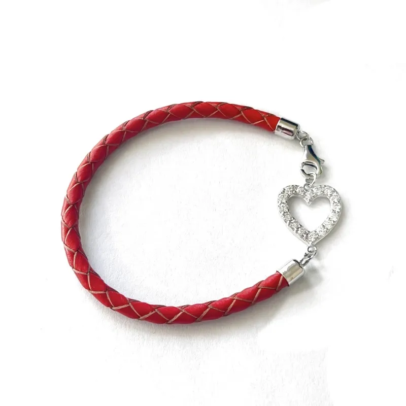Sterling Silver Bracelet Red Leather with CZ Heart Line Charm sold by Zulily