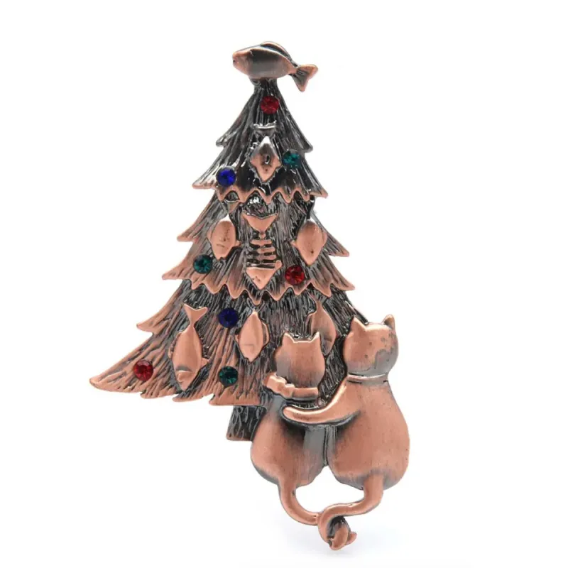 Brass Cats & Crystal Fish Christmas Tree Brooch sold by Zulily