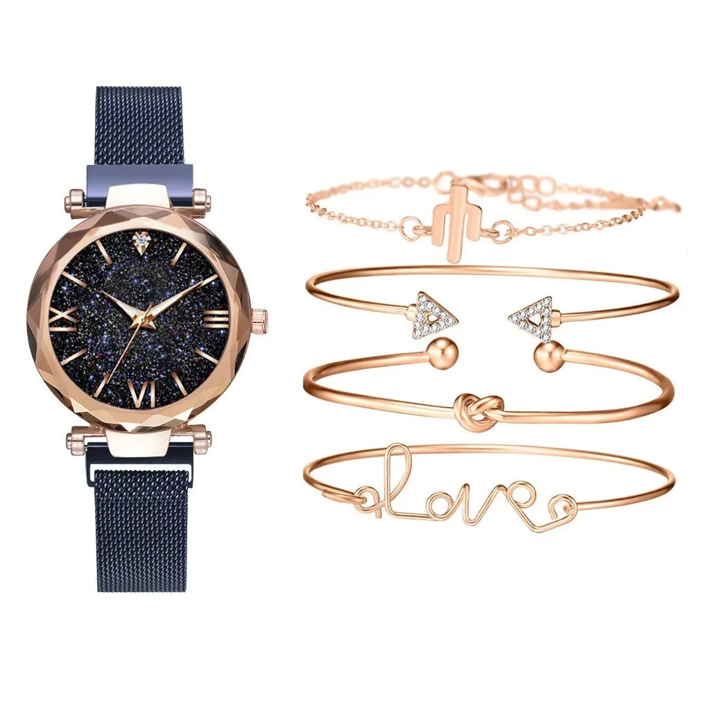 Navy Goldtone Bezelled-edge Sparke Watch Bracelet Set with Roman Numerals sold by Zulily