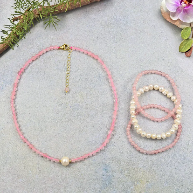 Pink Quartz Necklace and Bracelet Set with Pearls sold by Zulily
