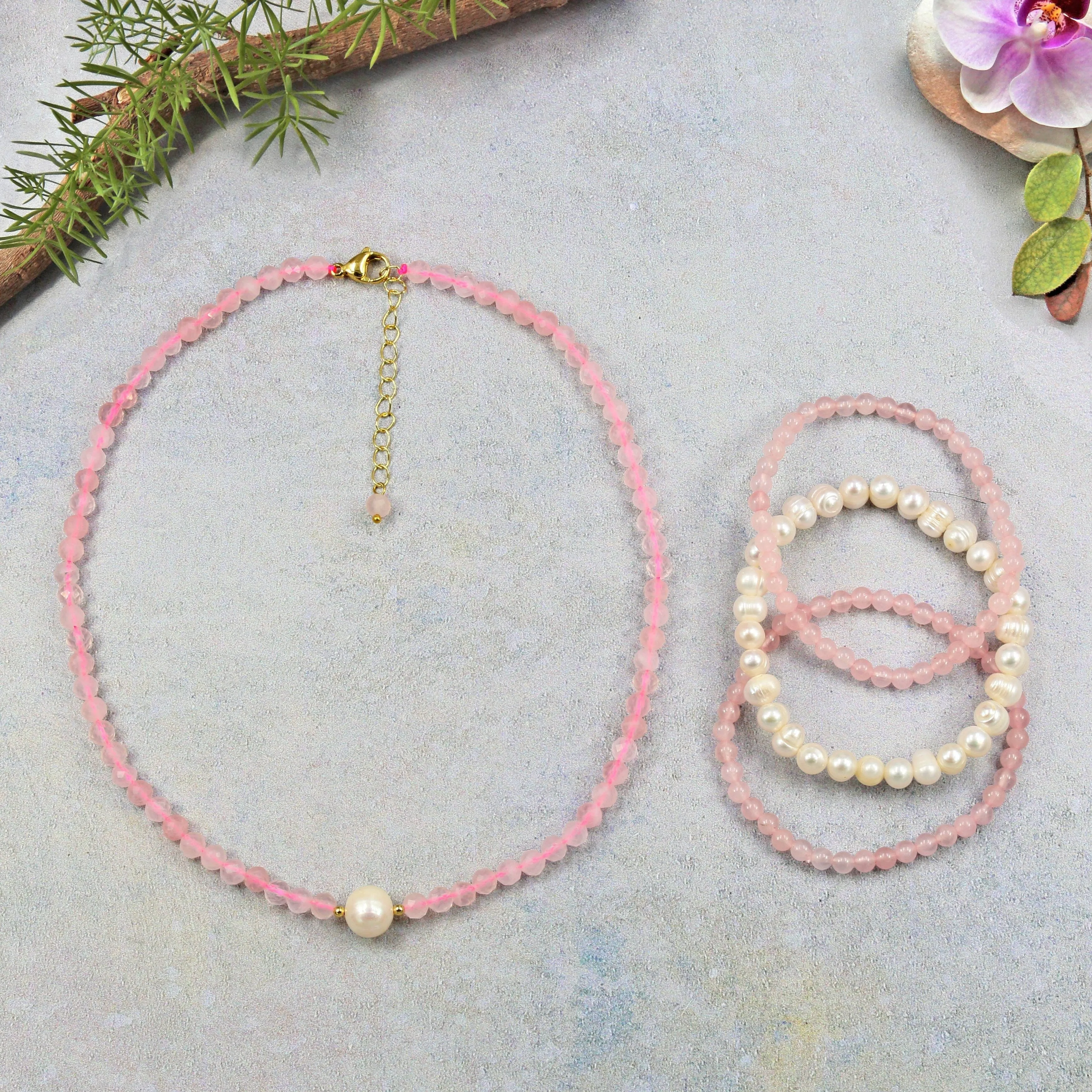 Pink Quartz Necklace and Bracelet Set with Pearls sold by Zulily