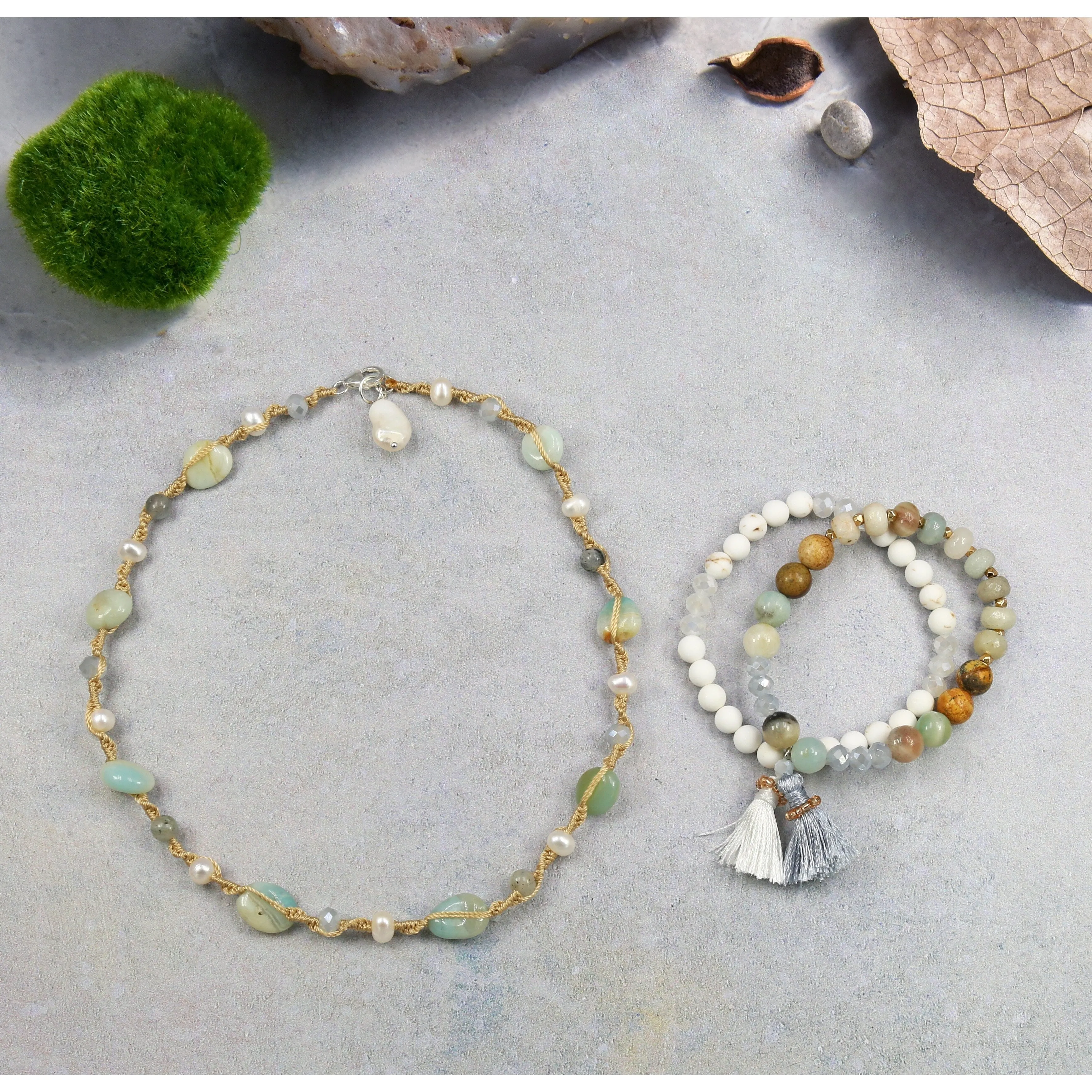 Amazonite and Pearl Necklace with Coordinating Bracelets sold by Zulily