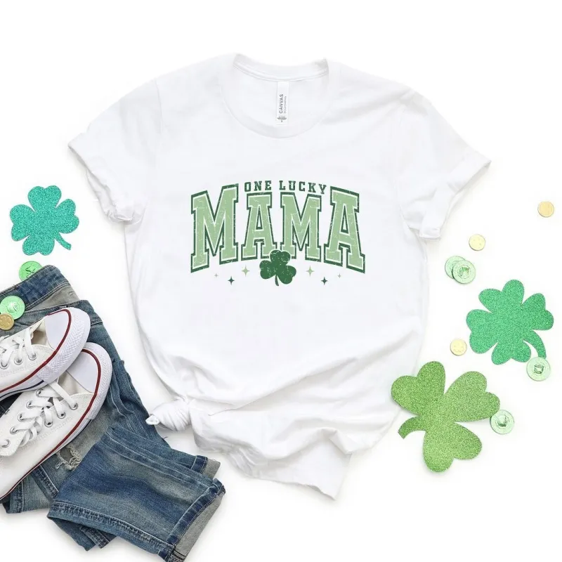 Lucky Mama Varsity Clover Short Sleeve Crewnneck Tee sold by Zulily