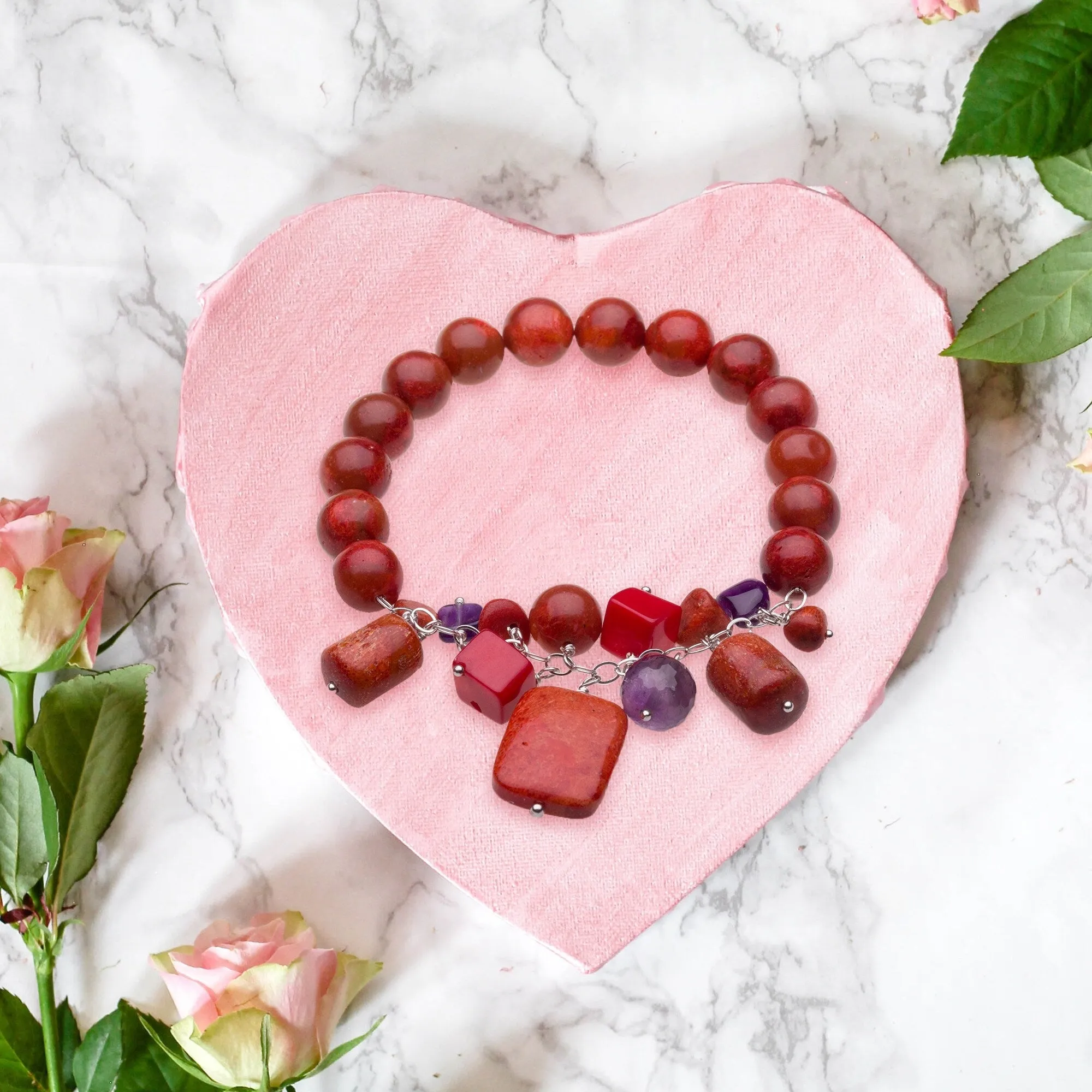 Sterling Silver 10mm Natural Red Coral and Amethyst Bead Stretch Bracelet sold by Zulily