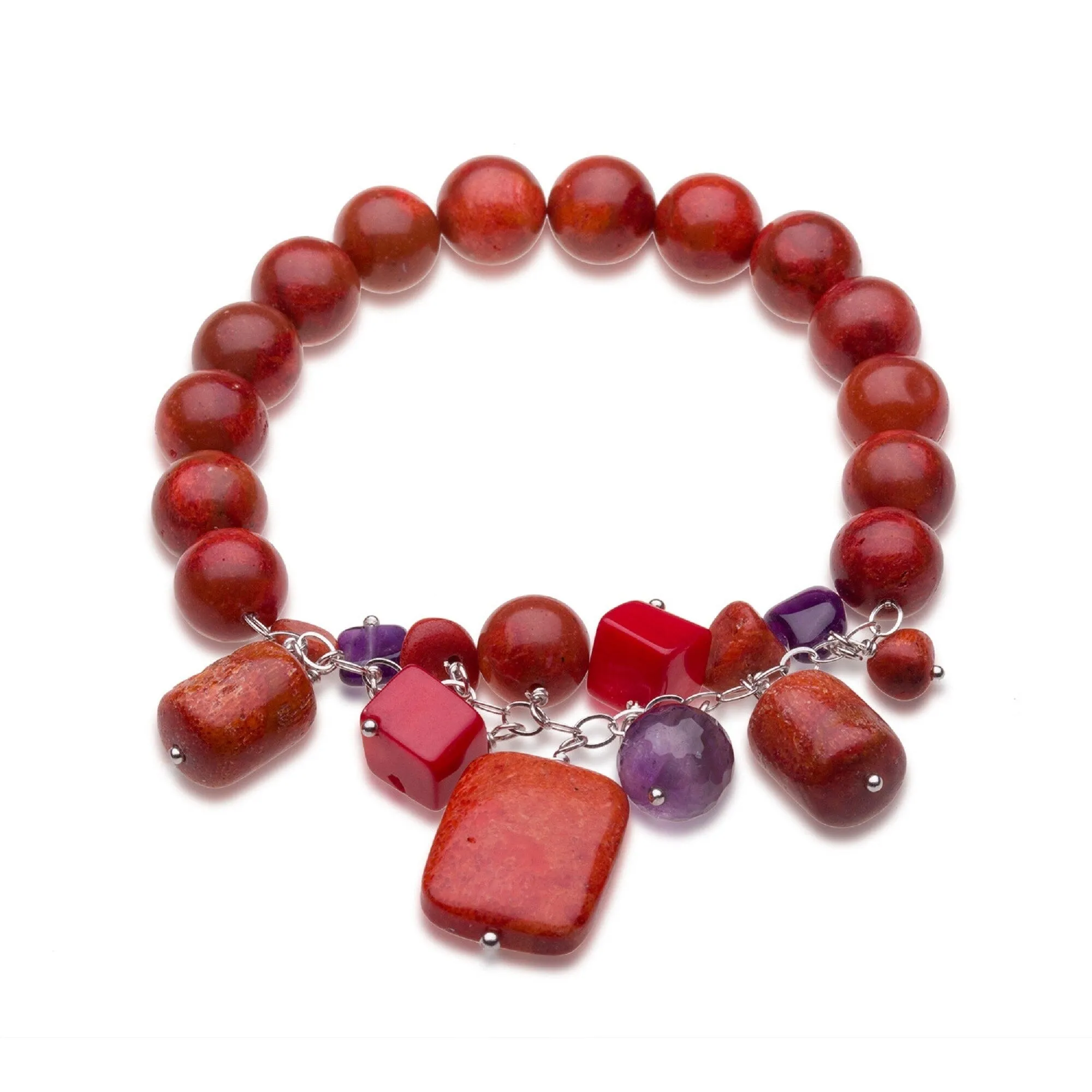 Sterling Silver 10mm Natural Red Coral and Amethyst Bead Stretch Bracelet sold by Zulily product image thumbnail 2
