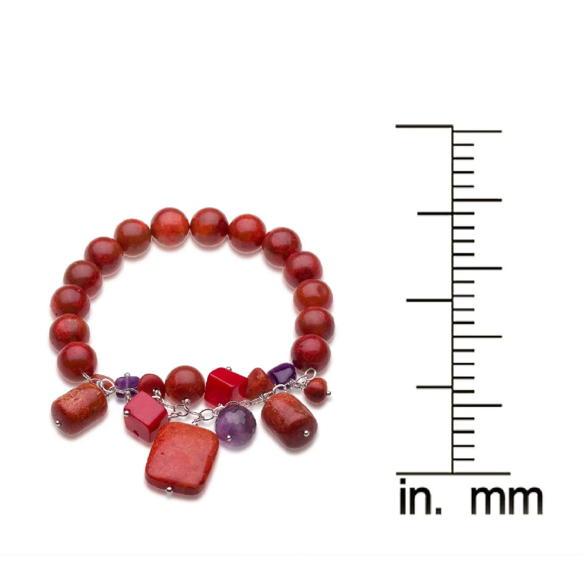 Sterling Silver 10mm Natural Red Coral and Amethyst Bead Stretch Bracelet sold by Zulily product image thumbnail 4