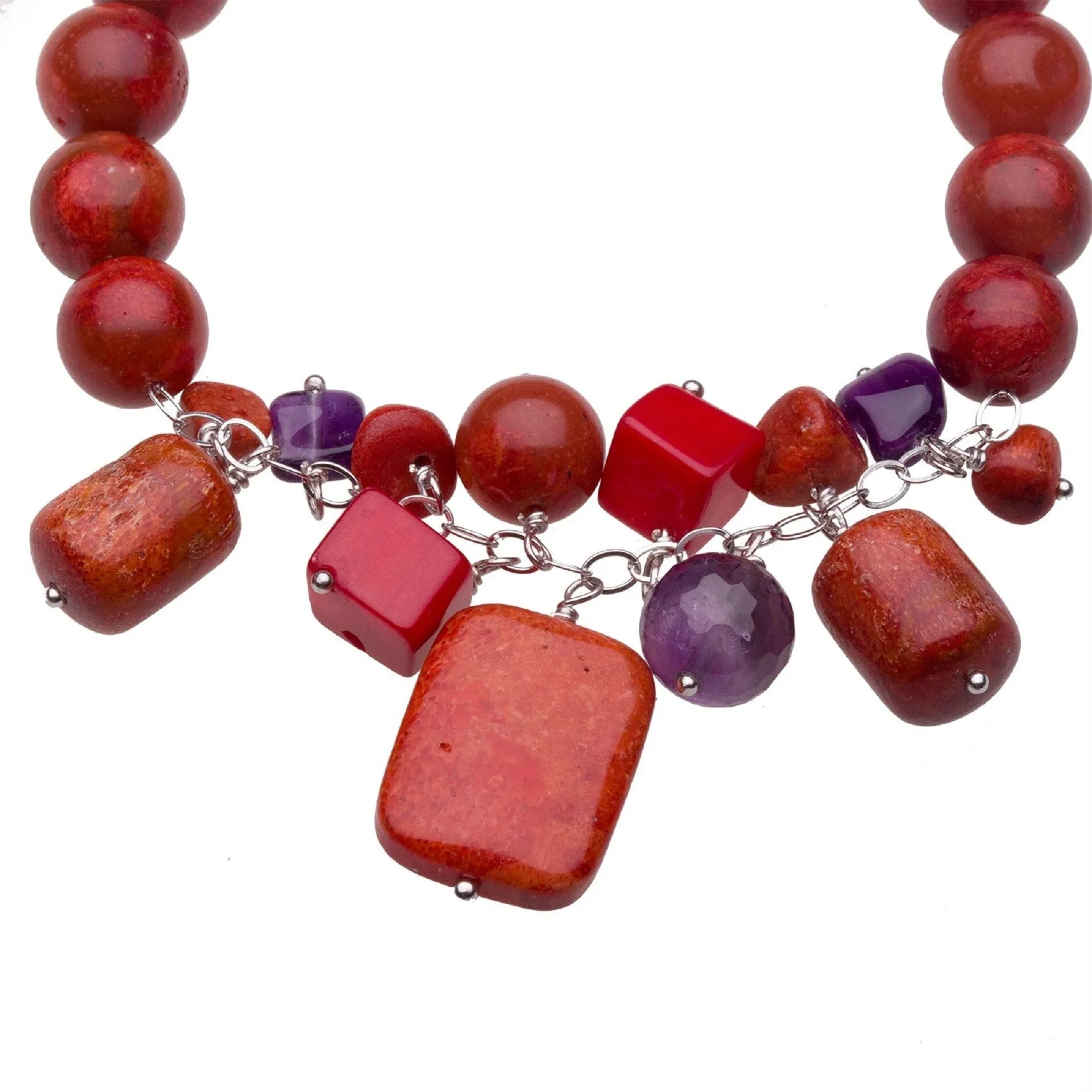 Sterling Silver 10mm Natural Red Coral and Amethyst Bead Stretch Bracelet sold by Zulily product image thumbnail 3