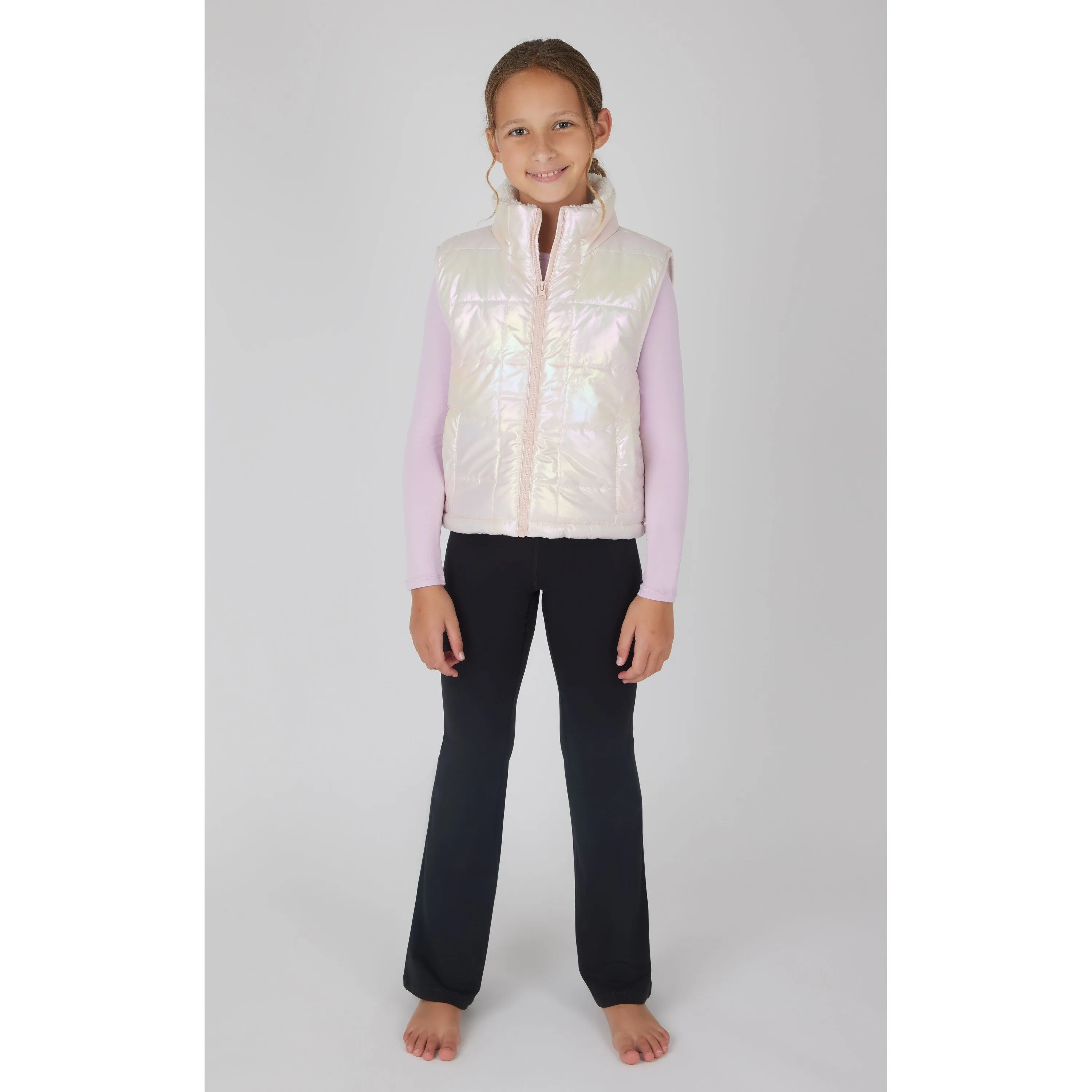 Yogalicious Girls Woven Keepin' Cozy Quilted Vest with Leighton Full Length Long Sleeve and Lux Everyday Flared Leg Pant Set sold by Zulily