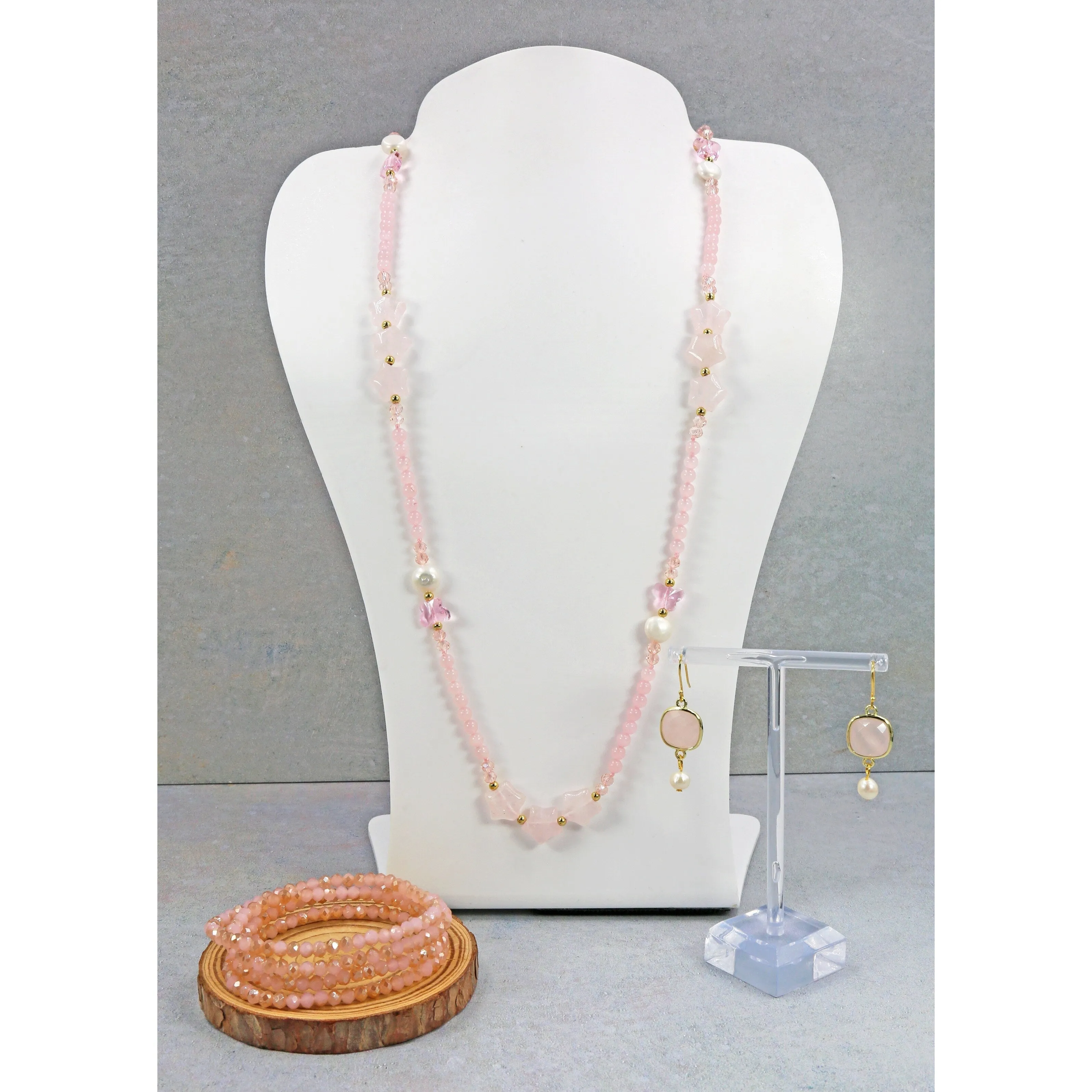Delicate Rose Quartz Jewelry Set with Matching Bracelets sold by Zulily
