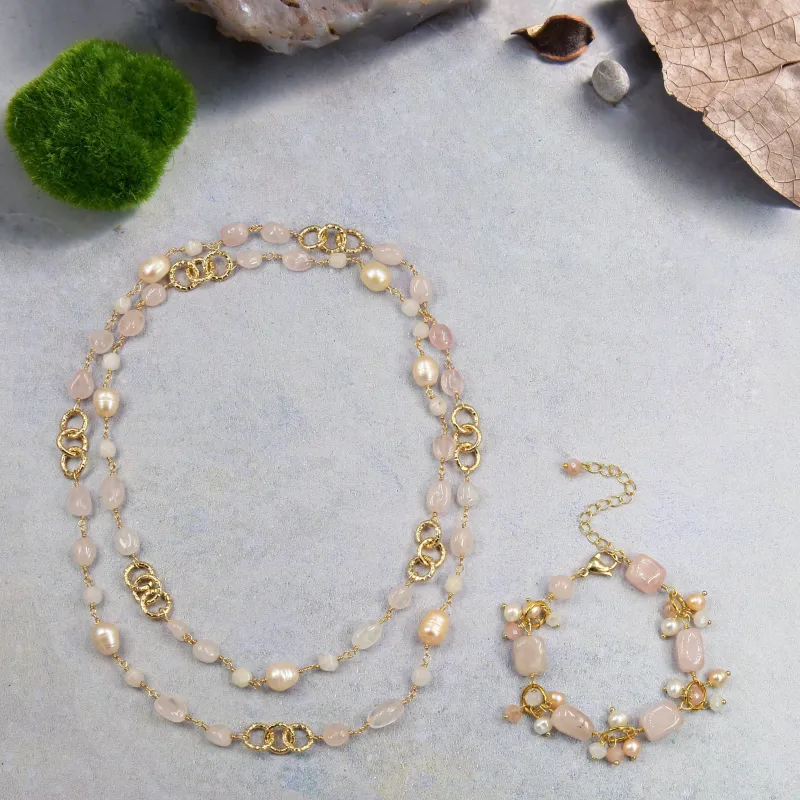 Elegant Rose Quartz and Pearl Necklace with Matching Bracelet sold by Zulily