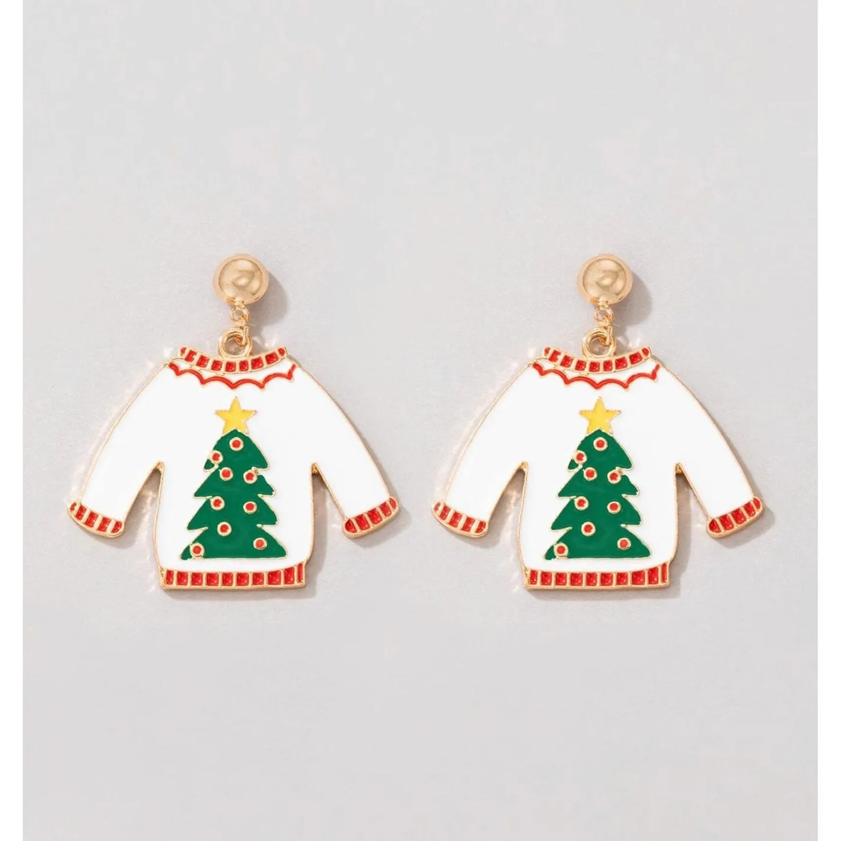 White Christmas Sweater With Green Christmas Tree Drop Earrings sold by Zulily product image thumbnail 3
