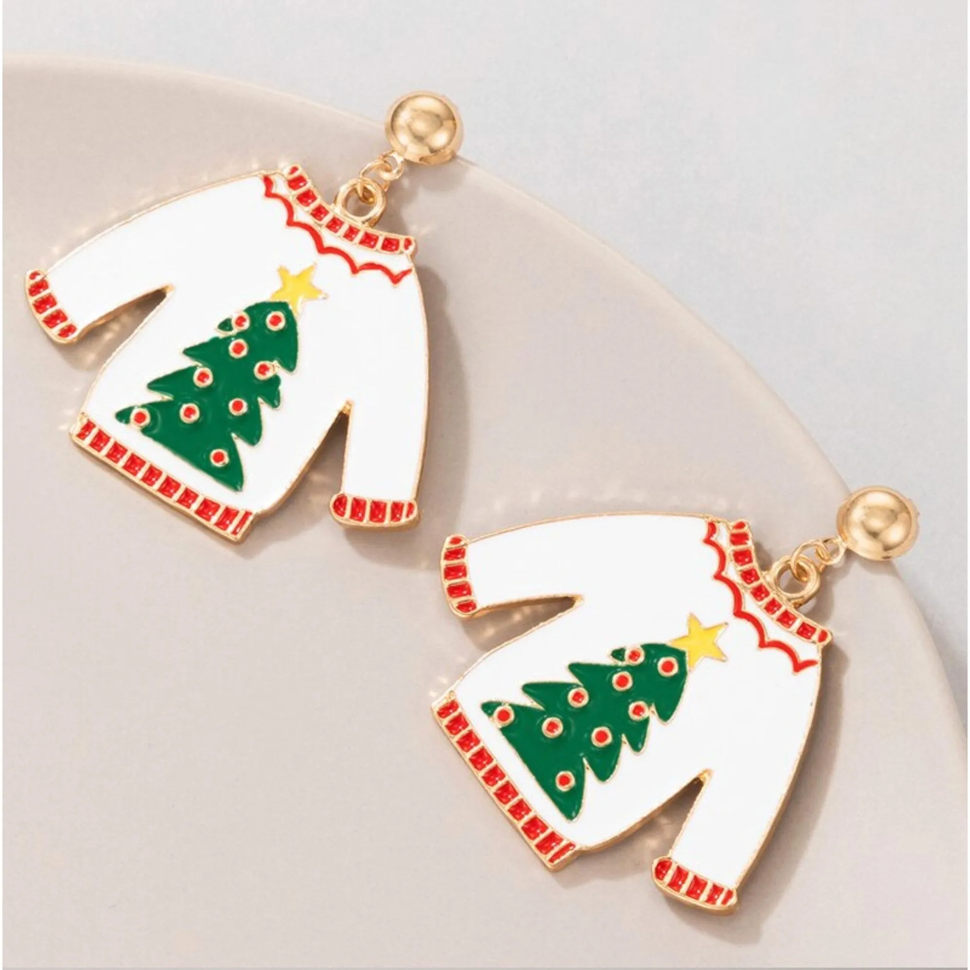 White Christmas Sweater With Green Christmas Tree Drop Earrings sold by Zulily product image thumbnail 2