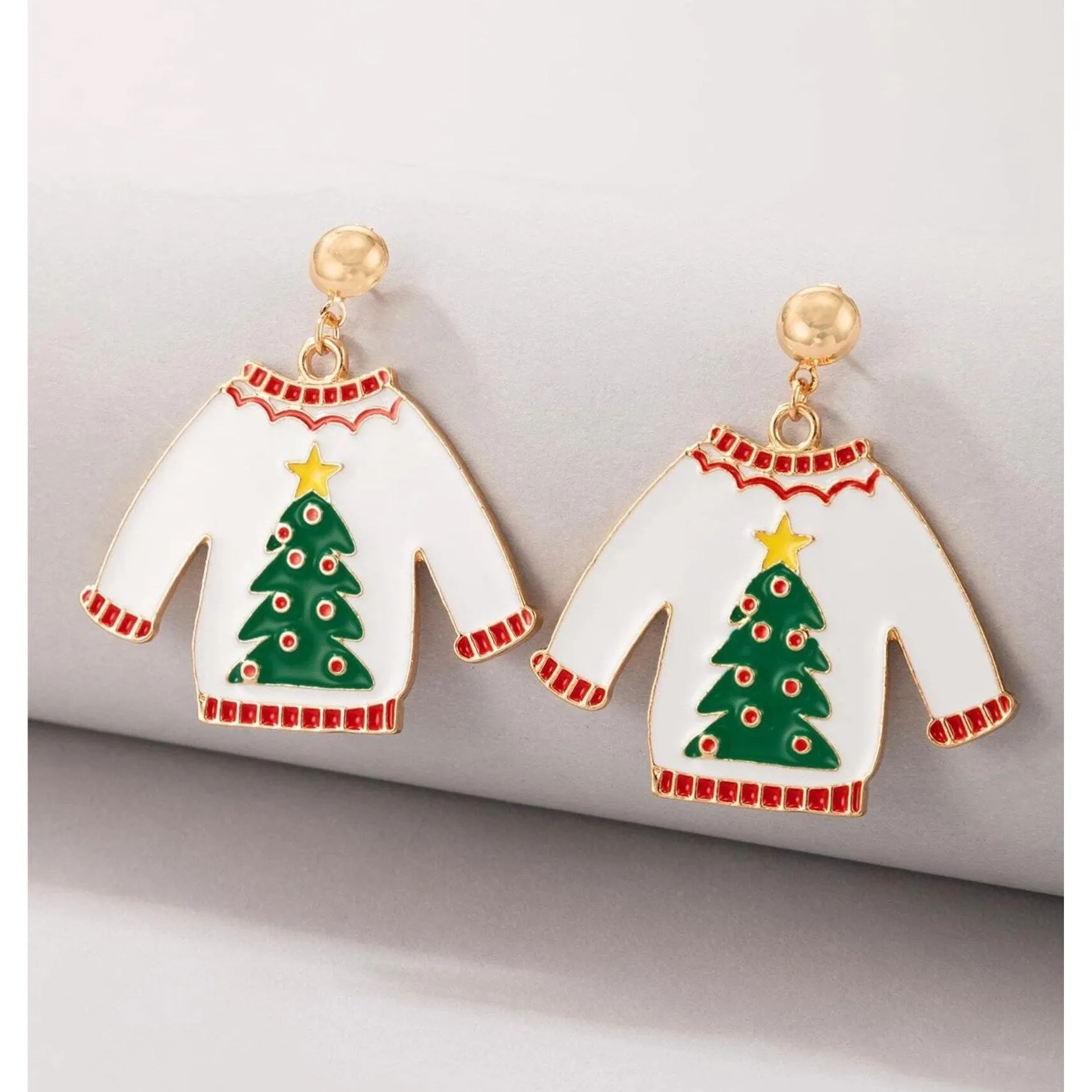 White Christmas Sweater With Green Christmas Tree Drop Earrings sold by Zulily product image thumbnail 4