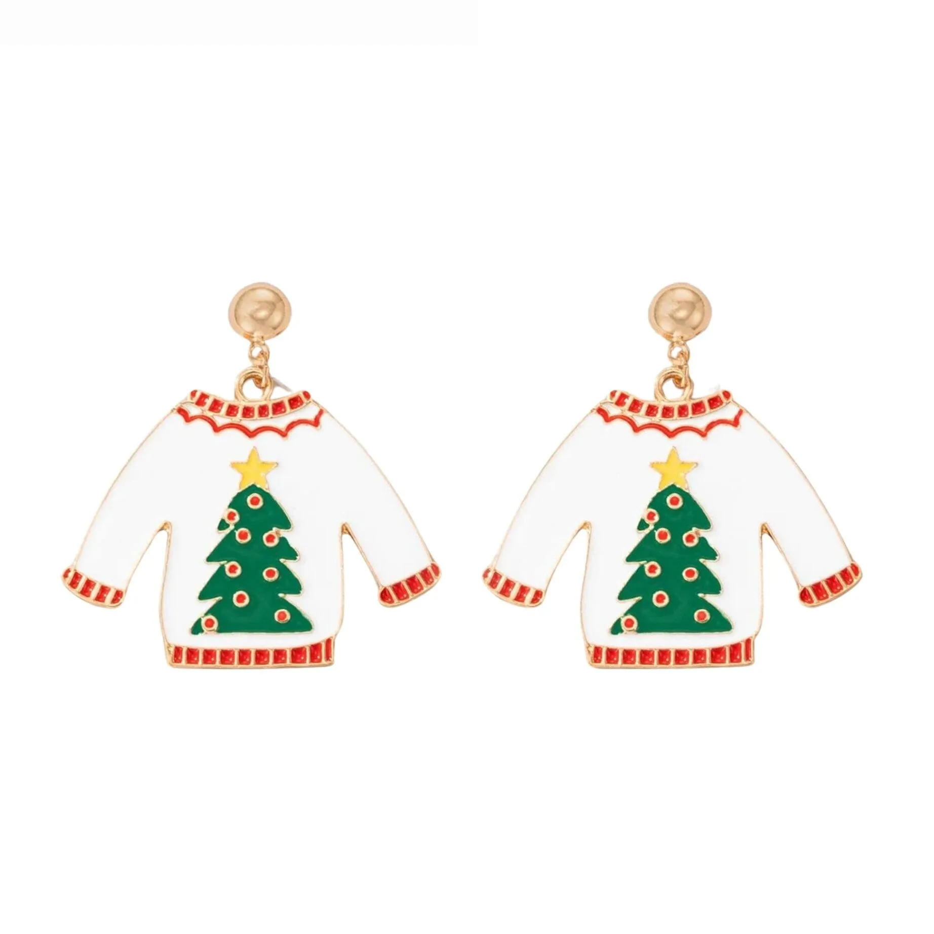 White Christmas Sweater With Green Christmas Tree Drop Earrings sold by Zulily