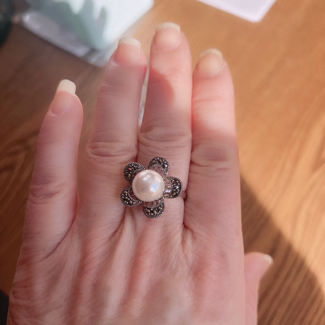 Marcasite and Sterling Silver Daisy- like Flower with Mother of Pearl Coating Pearl Ring sold by Zulily product image thumbnail 3