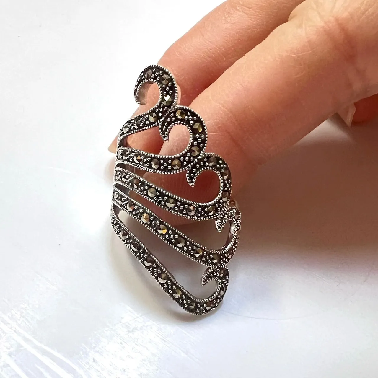 Marcasite and Sterling Silver 5 Swirl Lines Ring sold by Zulily product image thumbnail 3