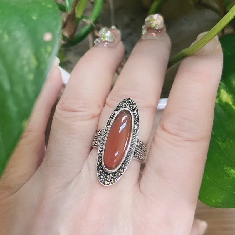 Marcasite and Sterling Silver Long Oval Red Carnelian Ring sold by Zulily