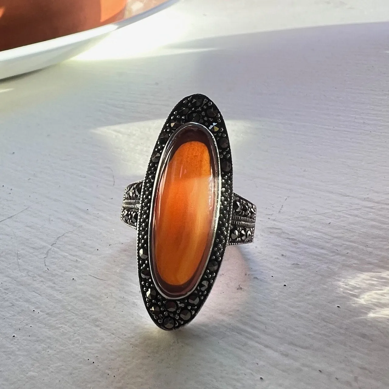 Marcasite and Sterling Silver Long Oval Red Carnelian Ring sold by Zulily product image thumbnail 2