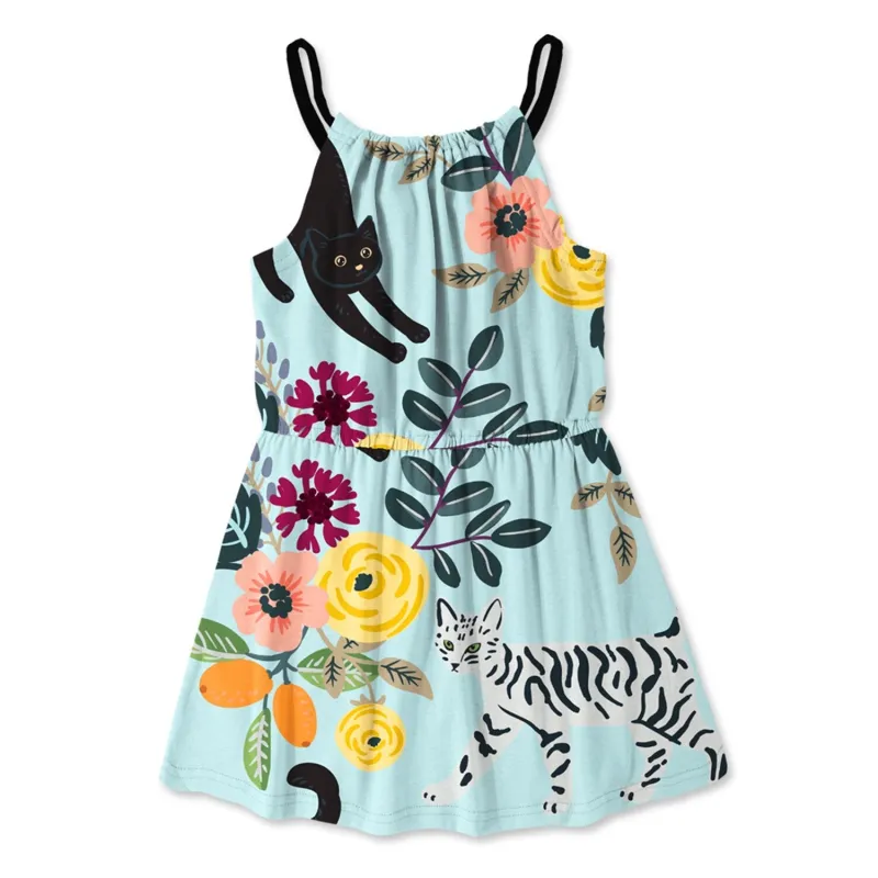 Light Blue & Black Floral Cat Waist Tank Dress sold by Zulily