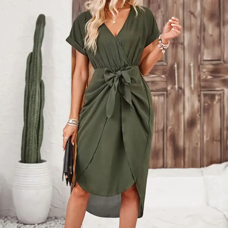 Army Green Belt-Bow Wrap Dress sold by Zulily