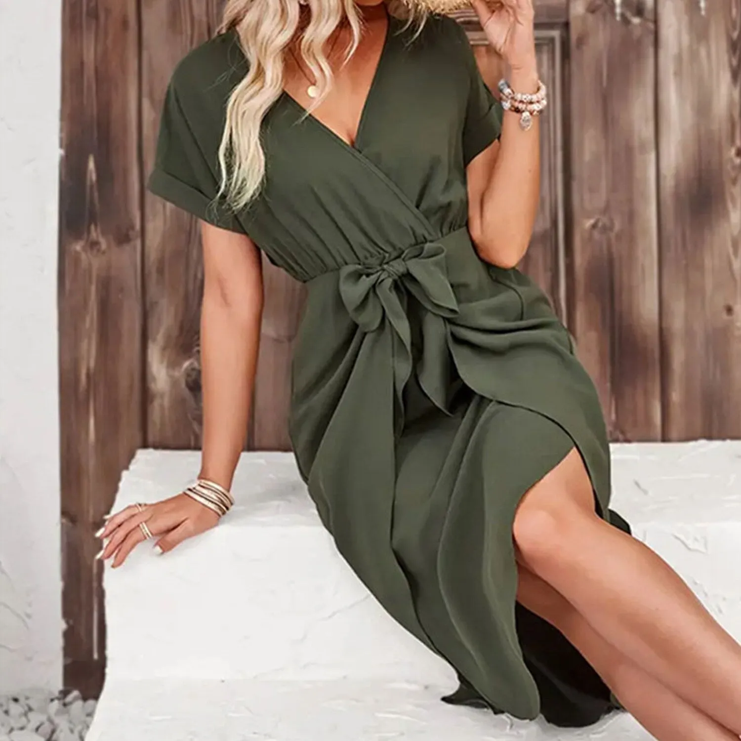 Army Green Belt-Bow Wrap Dress sold by Zulily product image thumbnail 3