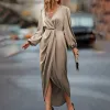 Khaki Puff-Sleeve Wrap Dress sold by Zulily