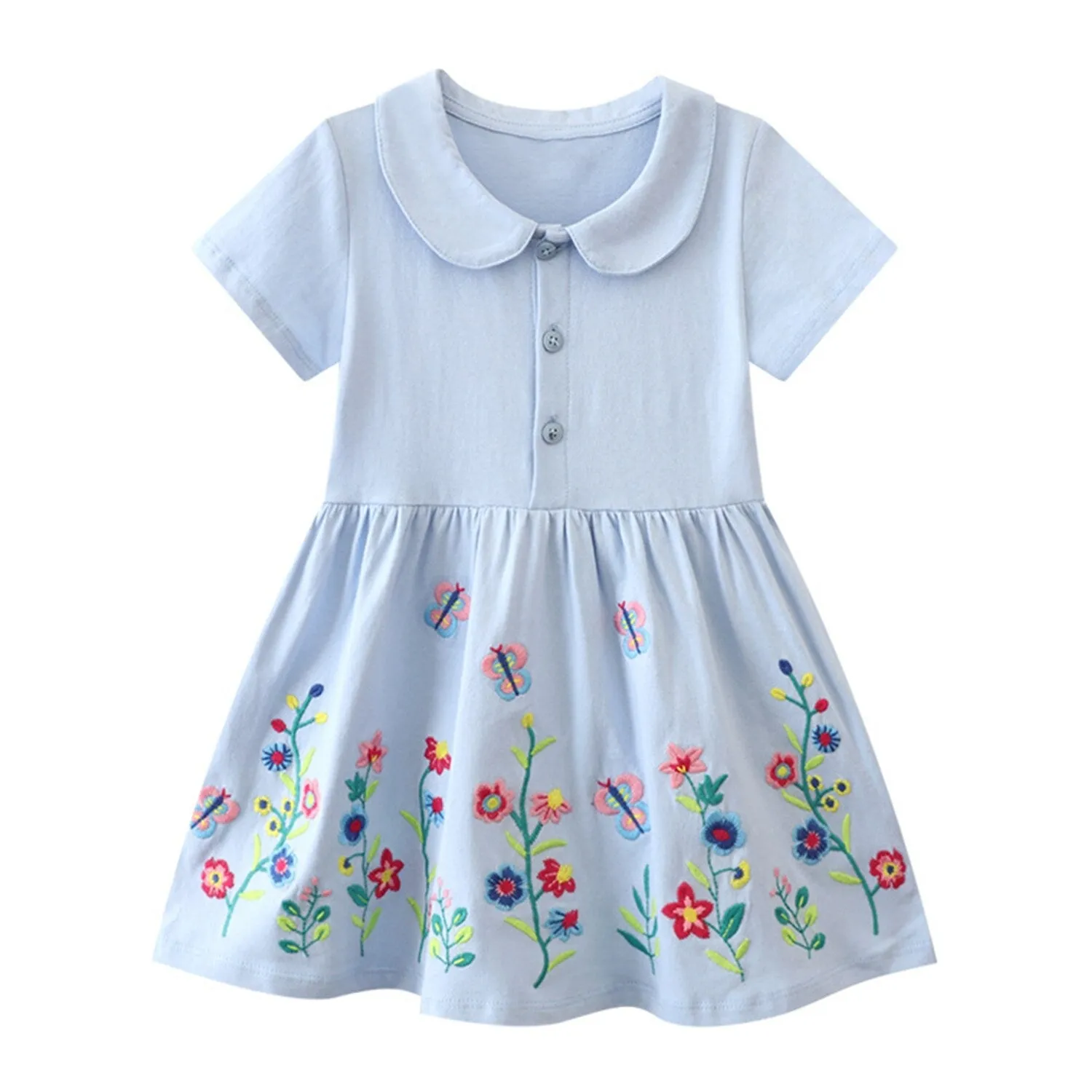 Light Blue Floral Butterfly Embroidered Short Sleeve Doll-Collar Dress sold by Zulily