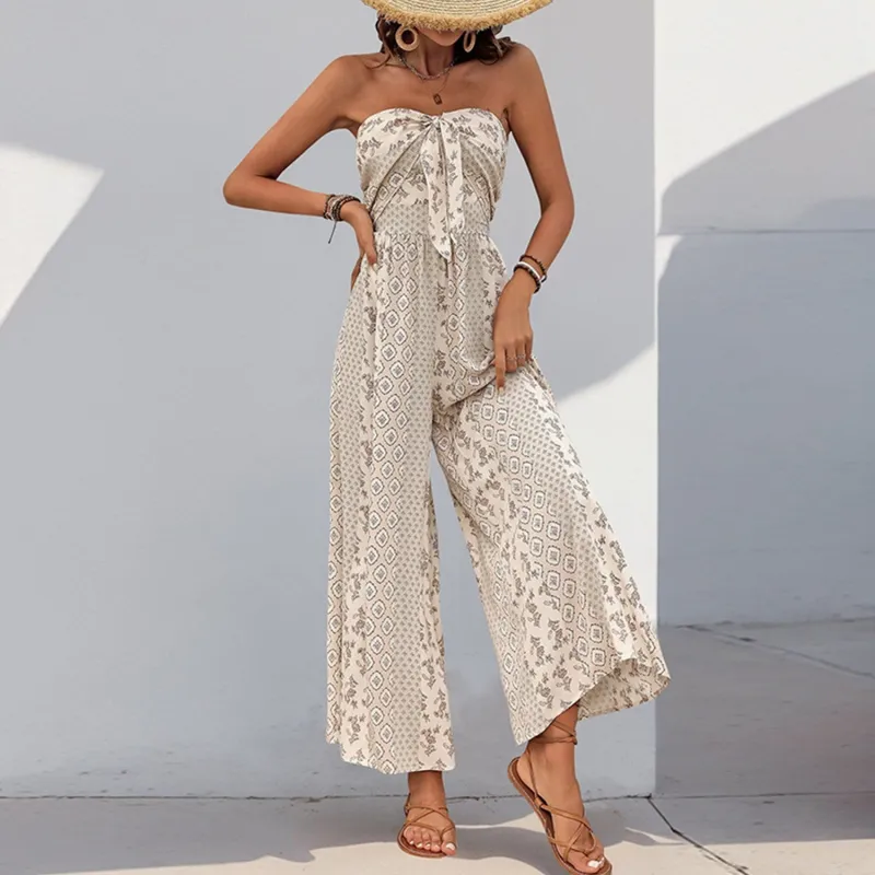 Beige Floral Strapless Wide Leg Jumpsuit sold by Zulily