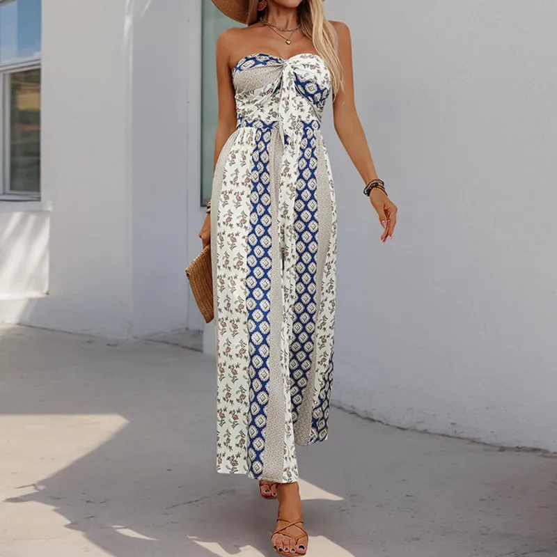 Blue Floral Strapless Wide Leg Jumpsuit sold by Zulily