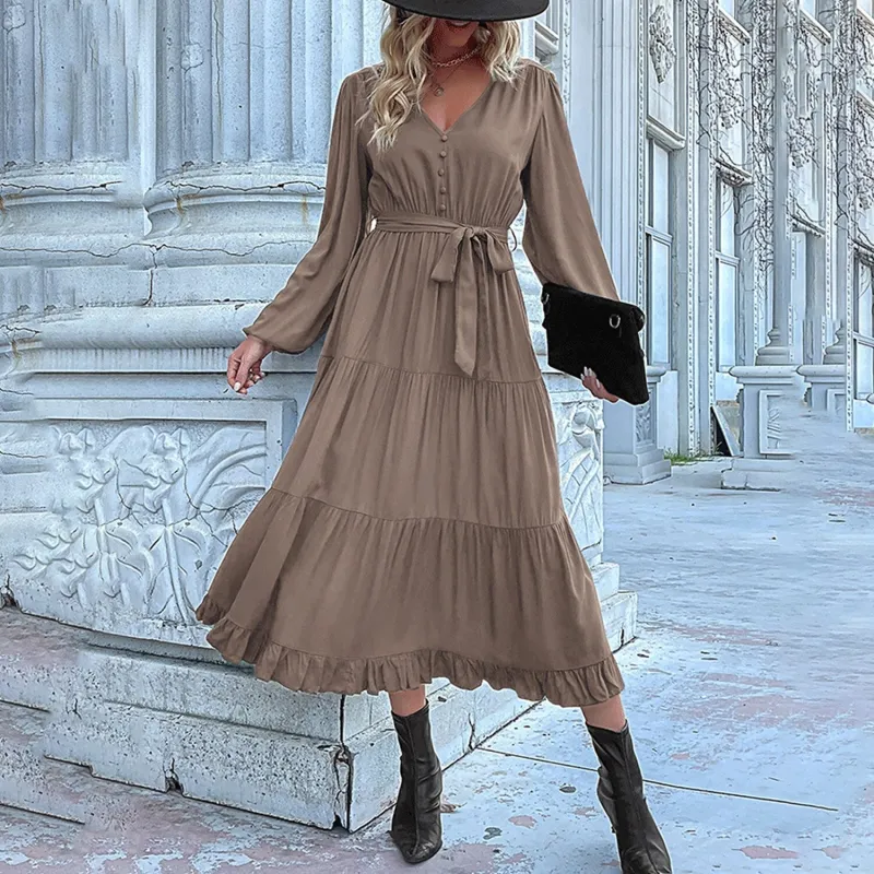 Brown Tie Waist Long Sleeve Dress sold by Zulily