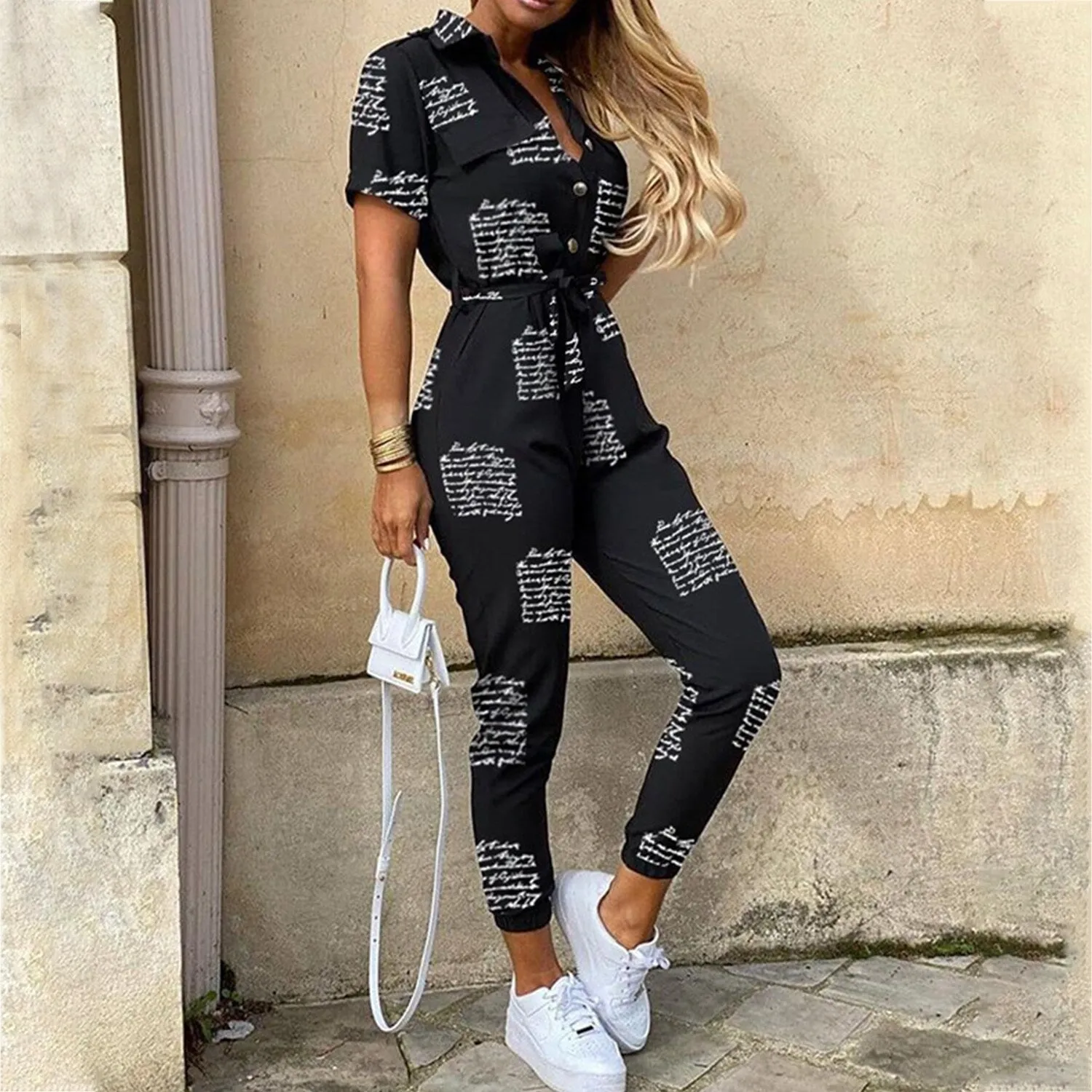 Black Letter Belted Cargo Jumpsuit sold by Zulily