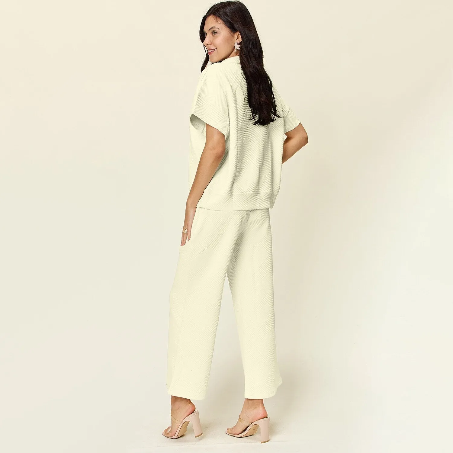 Cream Texture Half Zip Short Sleeve Top & Pants Set sold by Zulily product image thumbnail 3