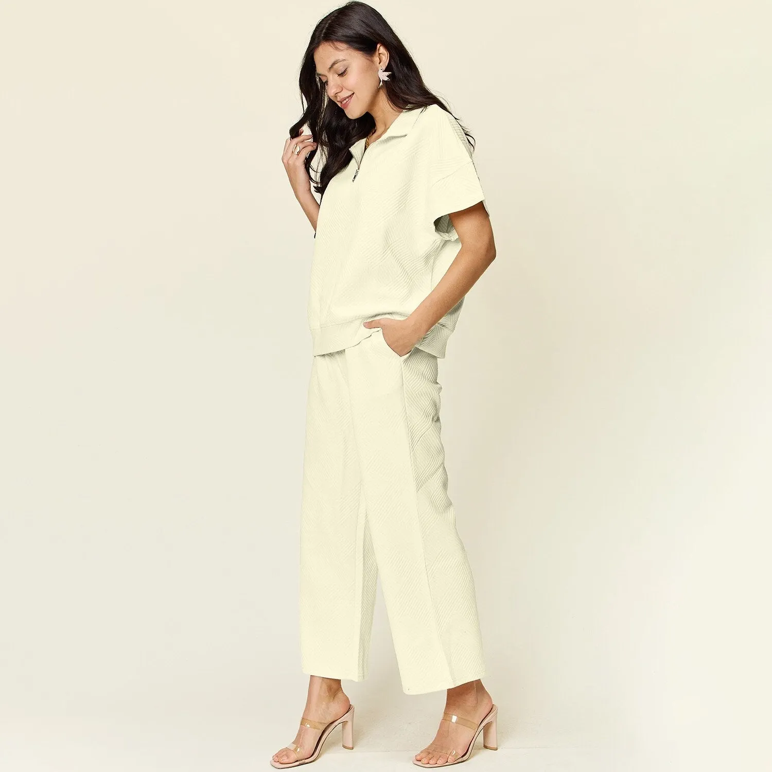 Cream Texture Half Zip Short Sleeve Top & Pants Set sold by Zulily product image thumbnail 2