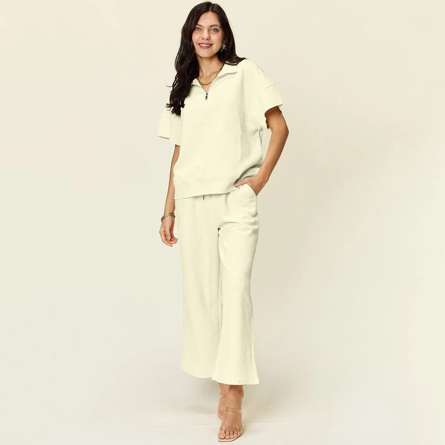 Cream Texture Half Zip Short Sleeve Top & Pants Set sold by Zulily