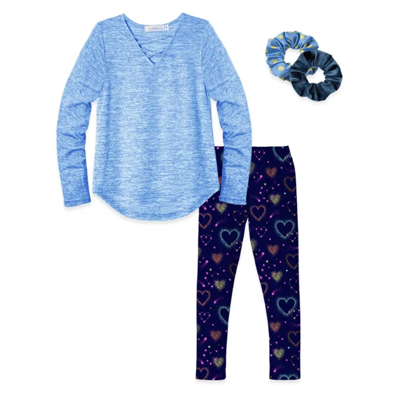 Blue Space Dye Crisscross Hi-Low Tunic & Tie-Dye Print Leggings & Scrunchies sold by Zulily