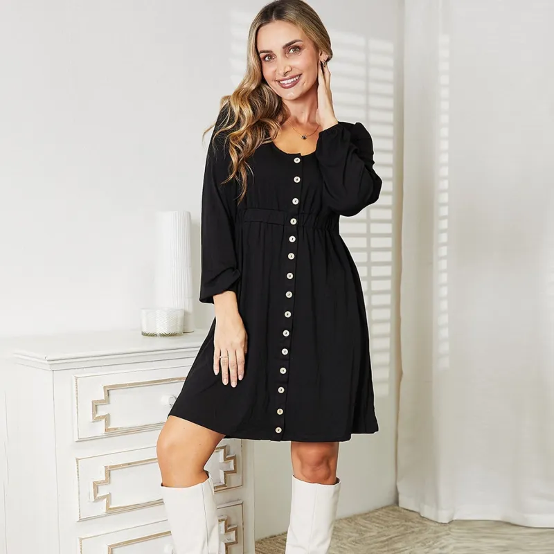 Black Scoop Neck Empire Waist Long Sleeve Dress sold by Zulily