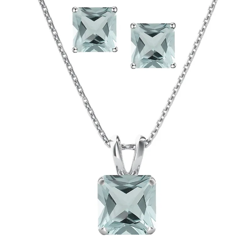 Set of Sterling Silver with Natural Aquamarine Solitaire Pendant and Stud Earring -18 " Chain sold by Zulily