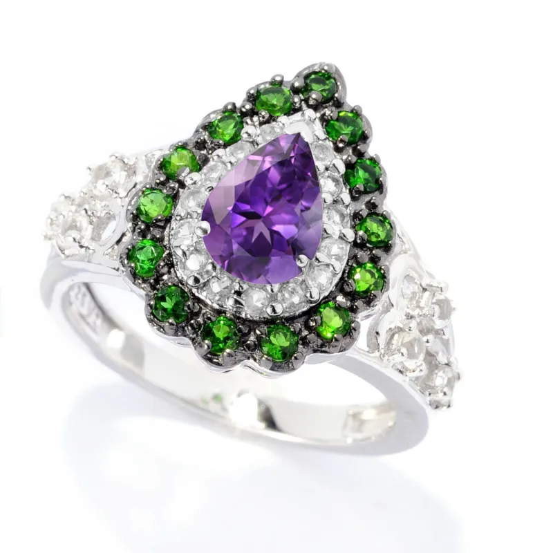 Sterling Silver with Natural Amethyst, Chrome Diopside and White Topaz Teardrop Ring sold by Zulily