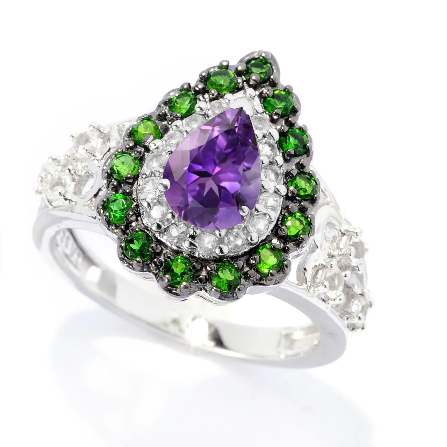 Sterling Silver with Natural Amethyst, Chrome Diopside and White Topaz Teardrop Ring sold by Zulily