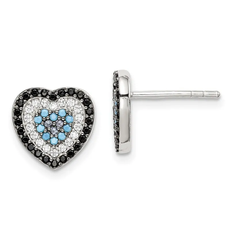 Curata 925 Sterling Silver Black White and Blue Cubic Zirconia Heart Post Earrings - 10.28x10.3mm sold by Zulily