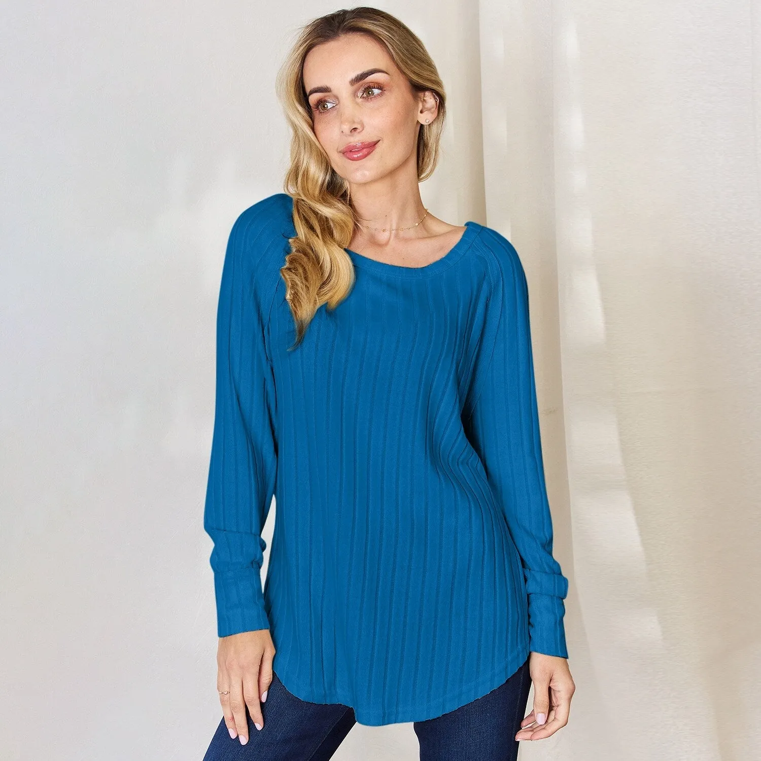 Sky Blue Ribbed Round Neck Slit T-Shirt sold by Zulily product image thumbnail 3