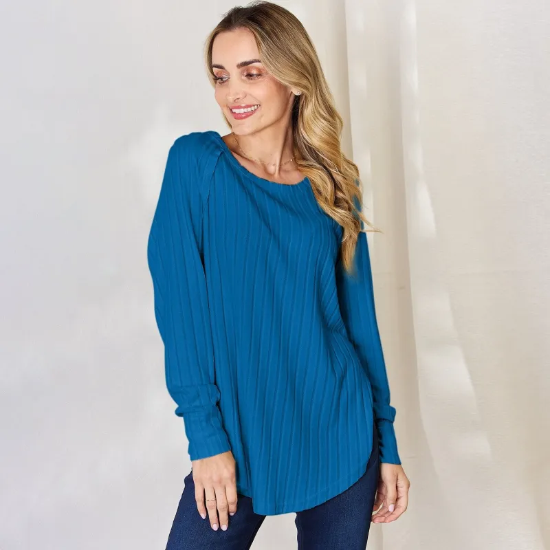 Sky Blue Ribbed Round Neck Slit T-Shirt sold by Zulily